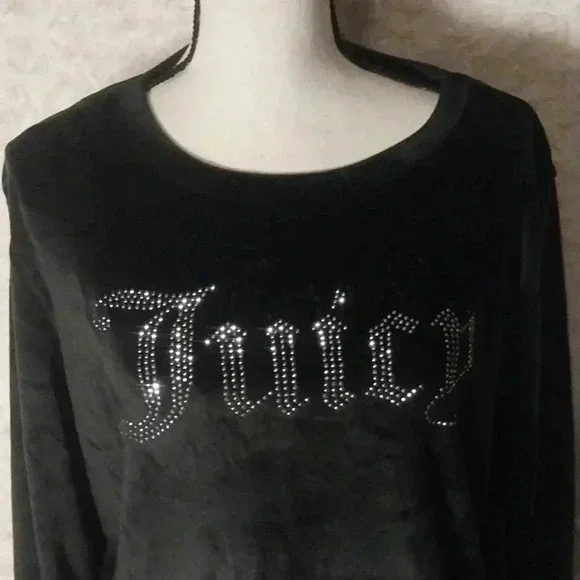Juicy Couture Women Black Velvet Fleece Top, Rhinestone Embellished Logo, Sz XL - Picture 2 of 8